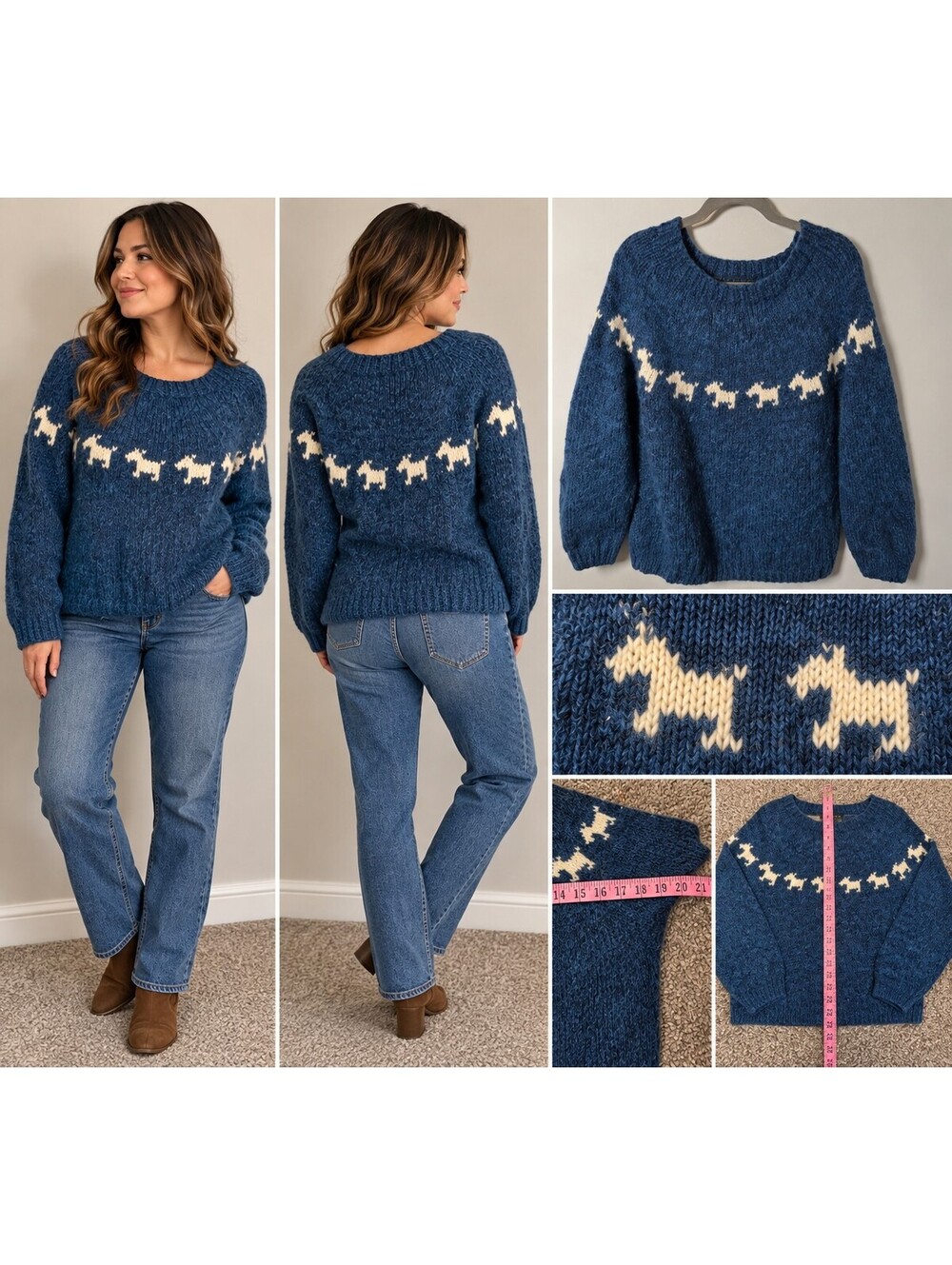 Vintage Handmade Wool Dog Sweater Navy Hand Knit Novelty Pullover